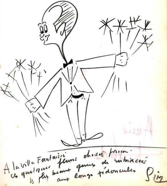 Dessin original de Sim offrant des rhododendrons.